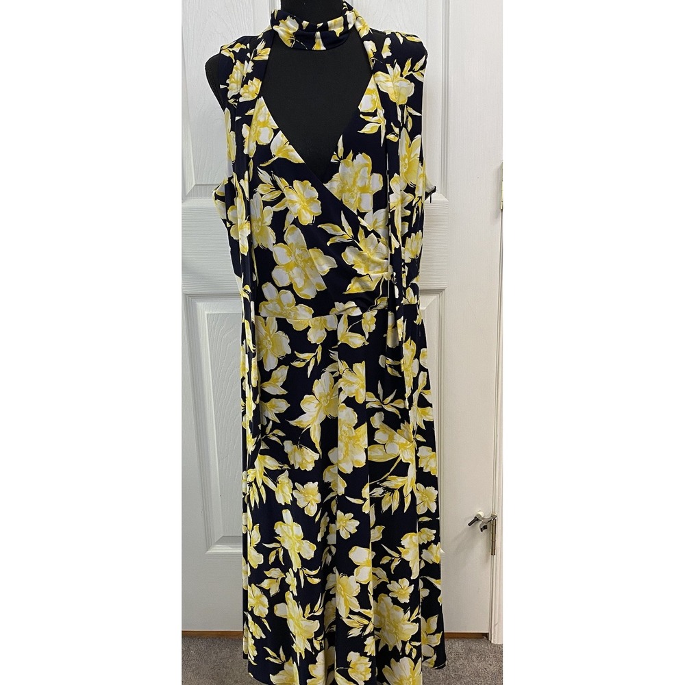 Lauren Ralph faux wrap dress Sz.18 Yellow/Blue/white Floral Wedding Sleeveless